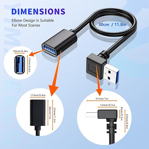 Miniatura 4 de Cable de extensión USB3.0 de ángulo de 90, cable extensor USB a USB de 11.8 pulgadas, adaptador de extensión USB con contactos chapados en oro para