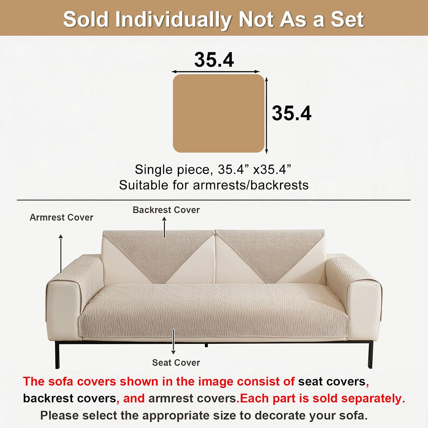 Waterproof Couch Cover, Chenille Sofa Cover Washable, Non Slip Sectional Couch Covers for Armrest and Backrest, Pet Friendly Sofa Slipcovers (Khaki,35.4"x35.4",1PC)