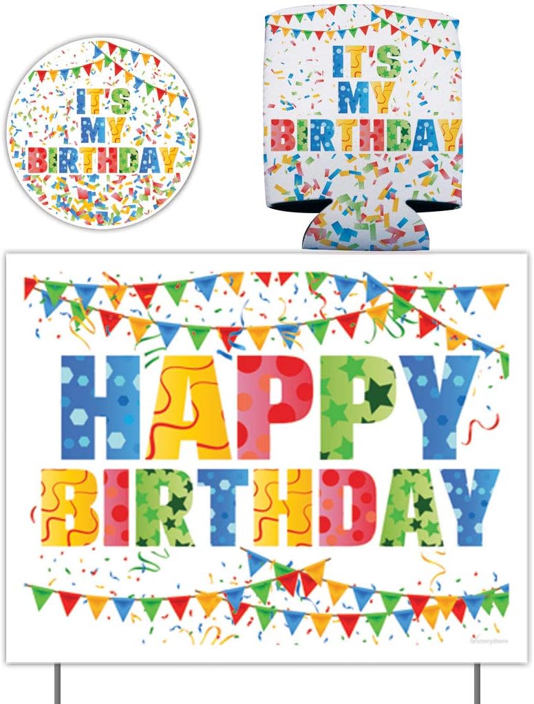 VictoryStore Yard Signs: Happy Birthday Confetti Yard Sign It's My Birthday Can Cooler and It's My Birthday Car Decal | Yard Sign is Printed 2 Sided Includes Stakes 12439