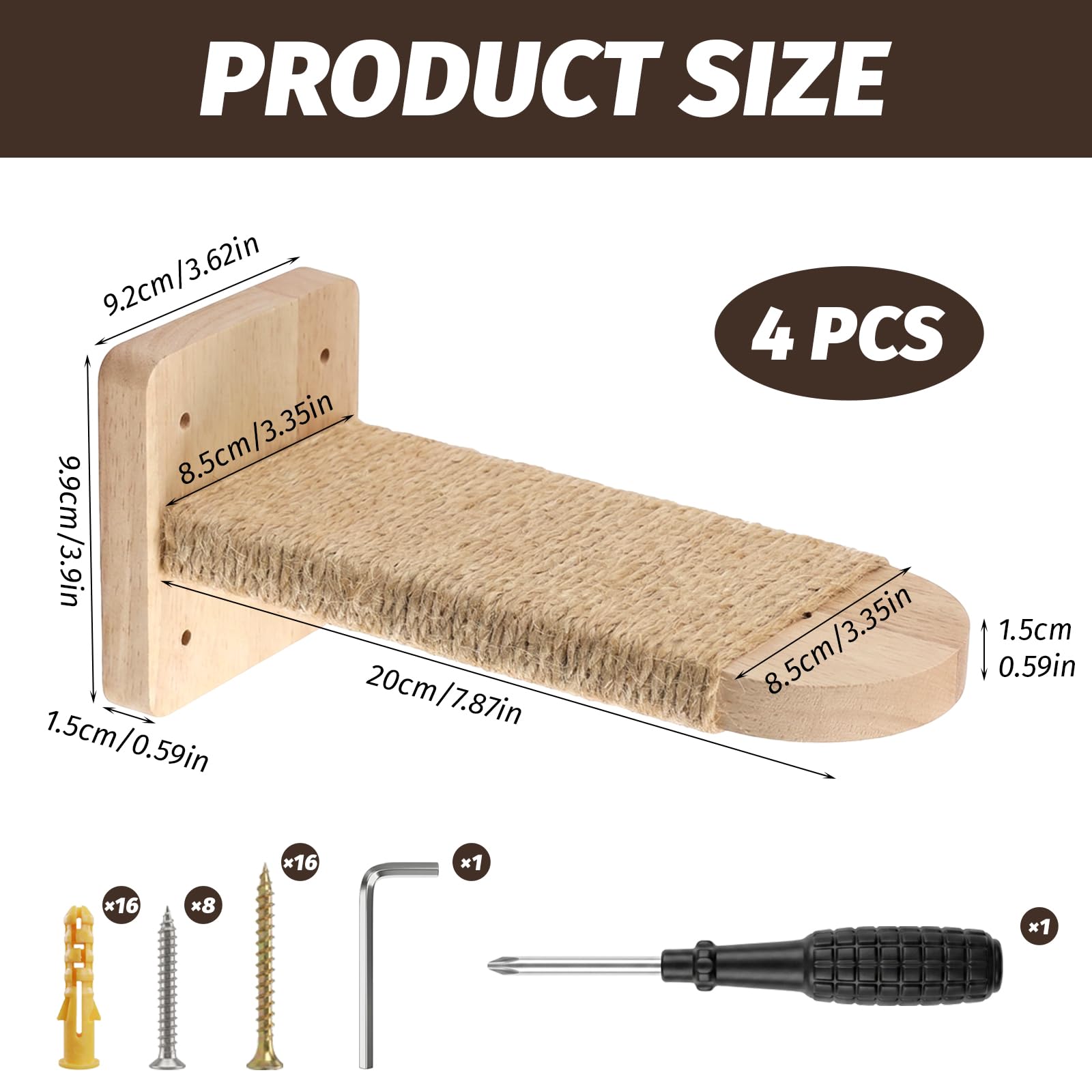 Katzentreppe Wand: 4 Stück Massives Gummibaumholz Katzen Kletterwand mit Jute-Seilen zum Kratzen Geeignet zum Klettern, Ausruhen und Kratzen für Katzen