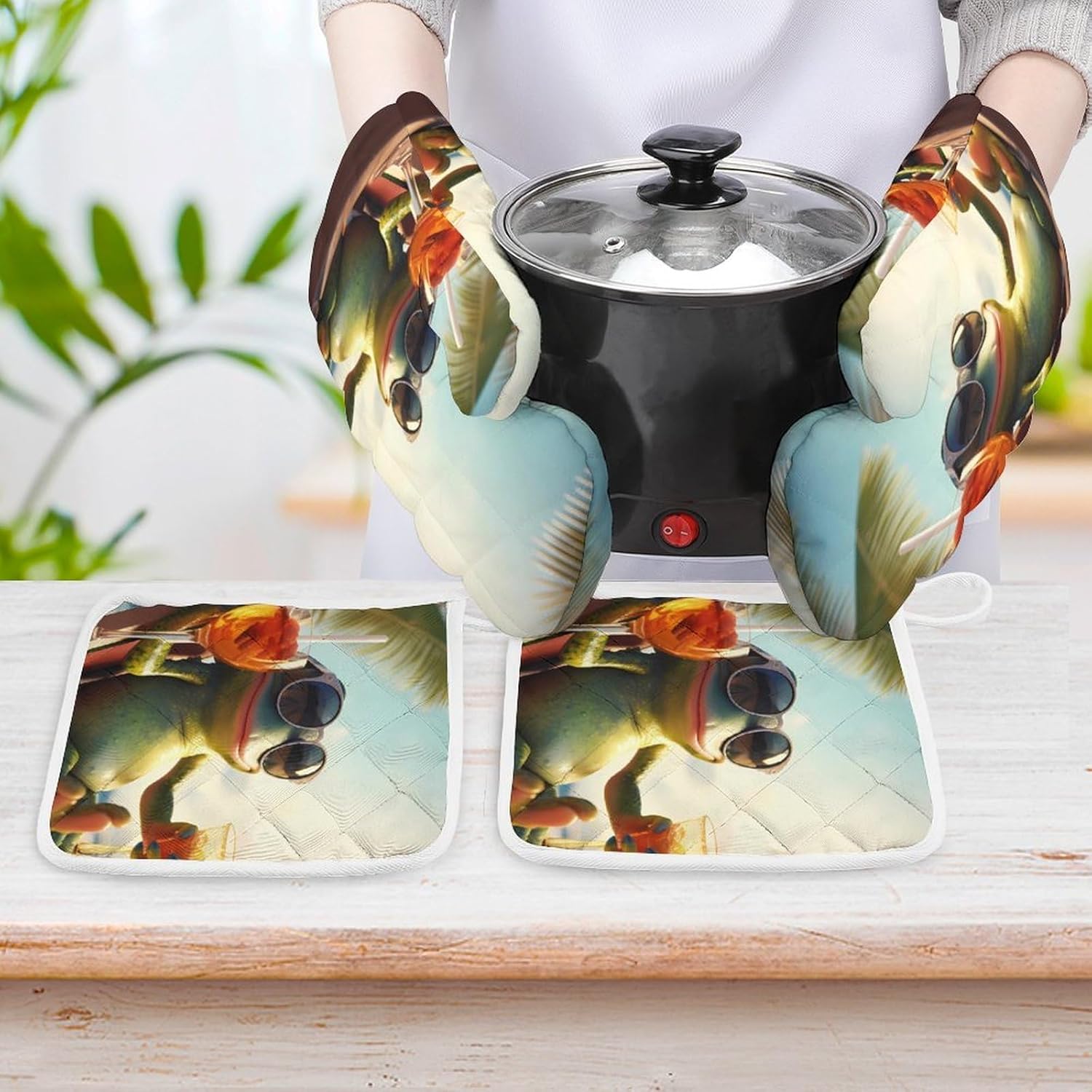 Green Frongs 4 Pcs Oven Mitts and Pot Holders Set High Heat Resistant Long Kitchen Oven Glove Potholders