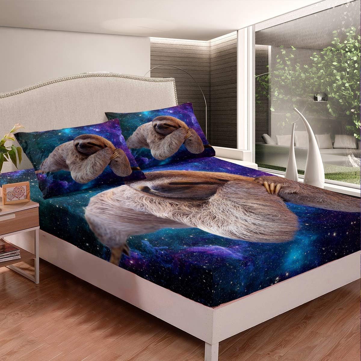 Cute Sloth Bed Sheet Set Kids 3D Funny Animal Galaxy Bedding Set Chic Purple Blue Starry Sky Fitted Sheet for Children Boys Girls Outer Space Sleeping Sloth Bed Cover Room Decor Full Size Mu