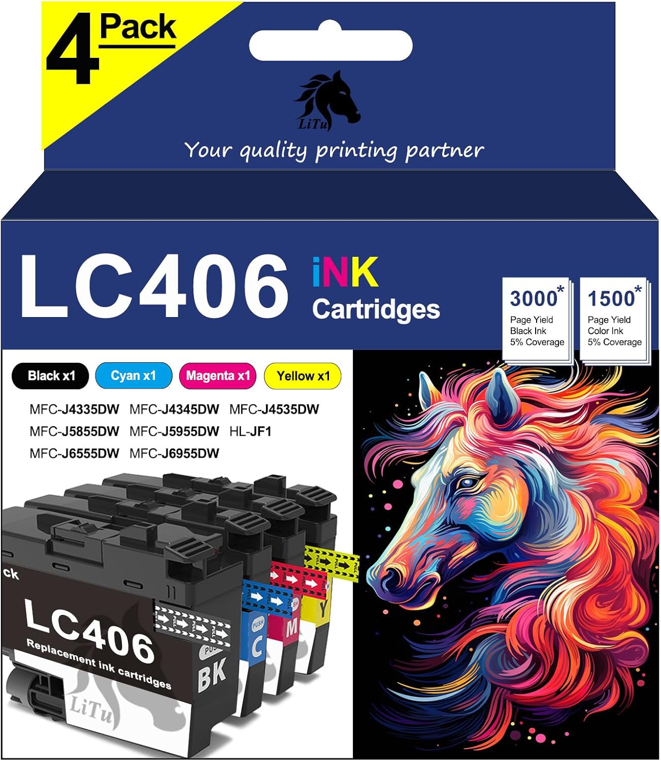 4-Pack LC406 Ink Cartridges for Brother Printer, Compatible with Brother MMFC-J4335DW MFC-J4345DW MFC-J4535DW MFC-J5855DW MFC-J5955DW MFC-J6555DW MFC-J6955DW