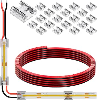 20 Pack COB 0.31in(8mm) 2 pin Transparent Connector, 6.6FT(200cm) Long 20AWG Extension Wires for Non-Wired Gapless Solderless