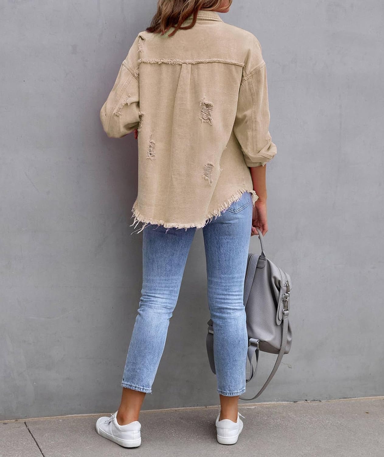 SEMATOMALA Women's Frayed Hem Ripped Denim Shirt Jacket Button Front Boyfriend Jean Coat Oversized Distressed Fall Shacket