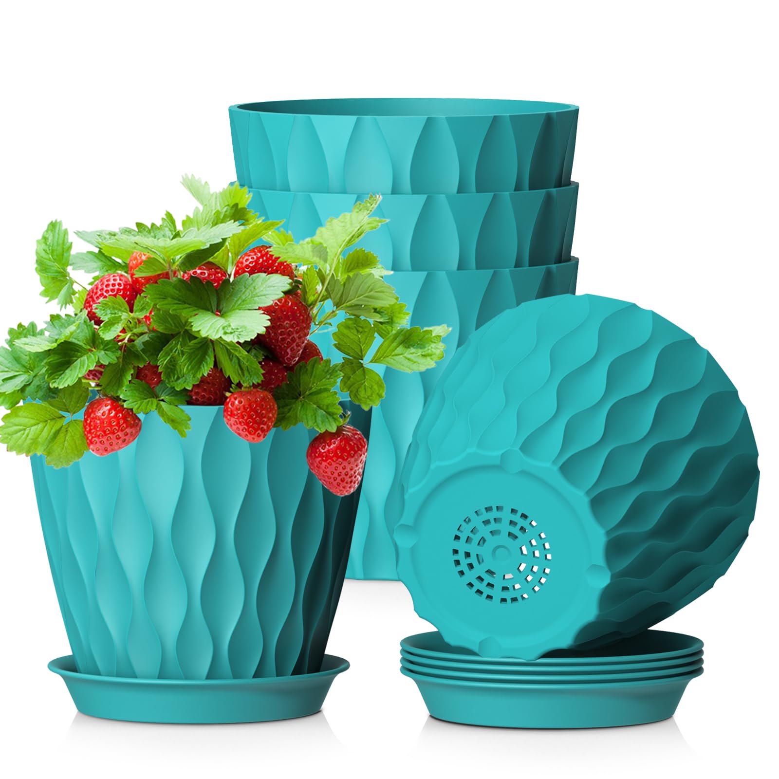 WSMKSZ 12.7 cm Indoor Plant Pot, 5 Pack Thick Plastic Flower Pots with Drainage Holes & Saucers, 3D Modern Wave Texture, Decorative Nursery Pots for Succulent, Mint & Small House Plants, Blue-Green