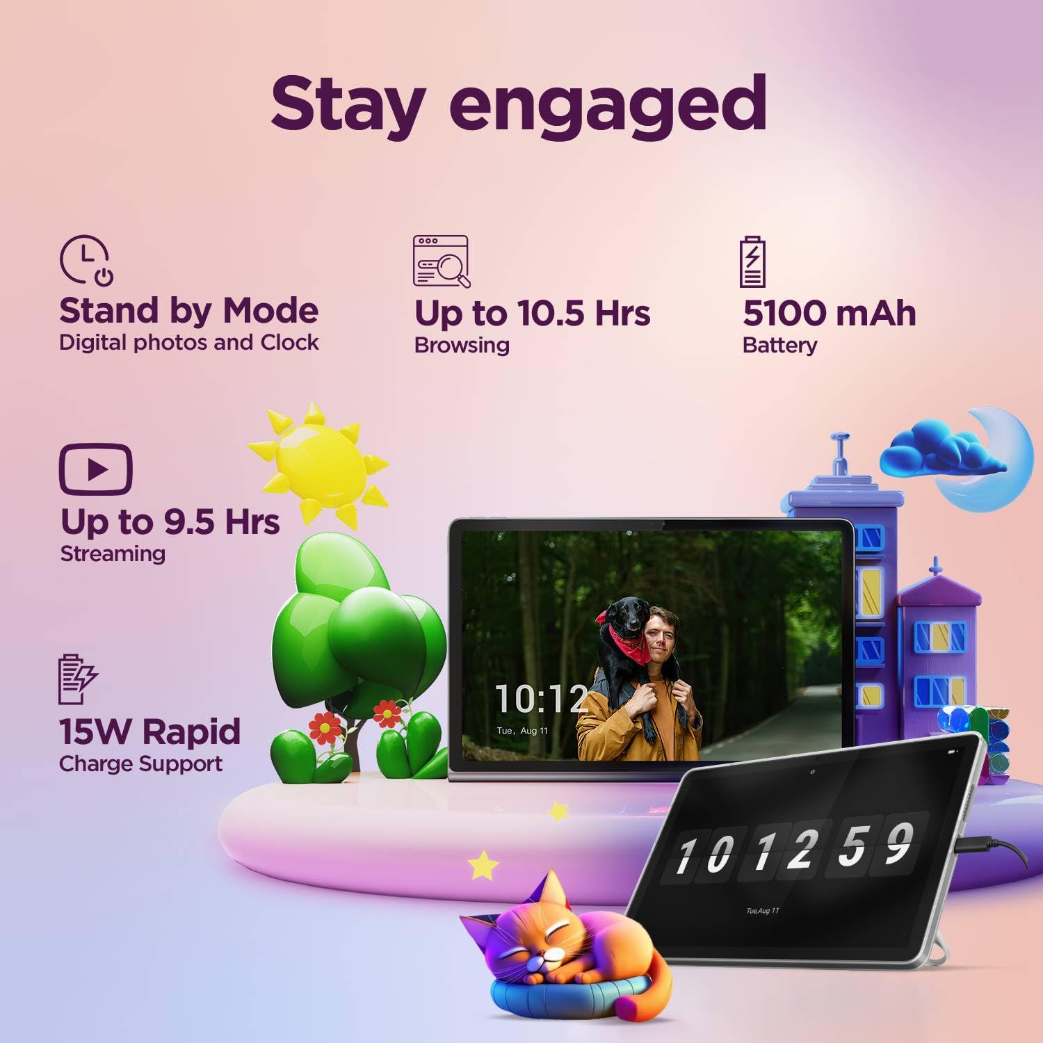 Image summarizing key specifications of the Lenovo Tab: 10.1 inch WUXGA IPS Display, MediaTek Helio G85 Octa Core Processor, up to 9.5 hours streaming.