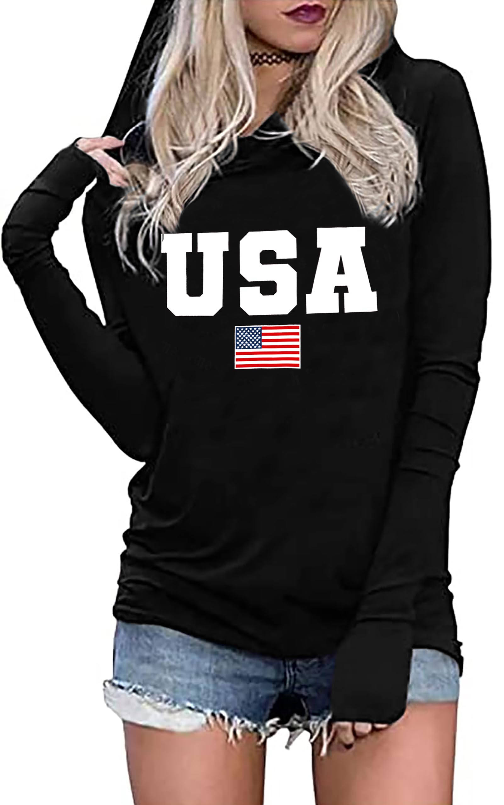 American Flag Hoodie for Women: 4th of July Shirts Patriotic Long Sleeve Memoria Day Hoodie Pullover Tops