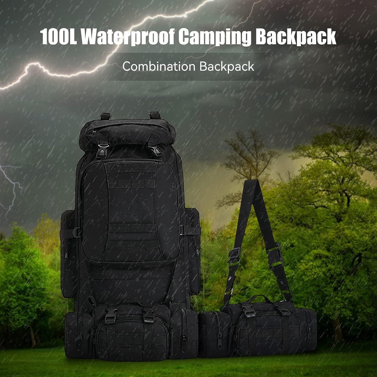 Hongxinghai 100l Camping Plecak Turystyczny, Wojskowy Plecak Taktyczny Molle, Wodoodporny Lekki Plecak Turystyczny, Black-c