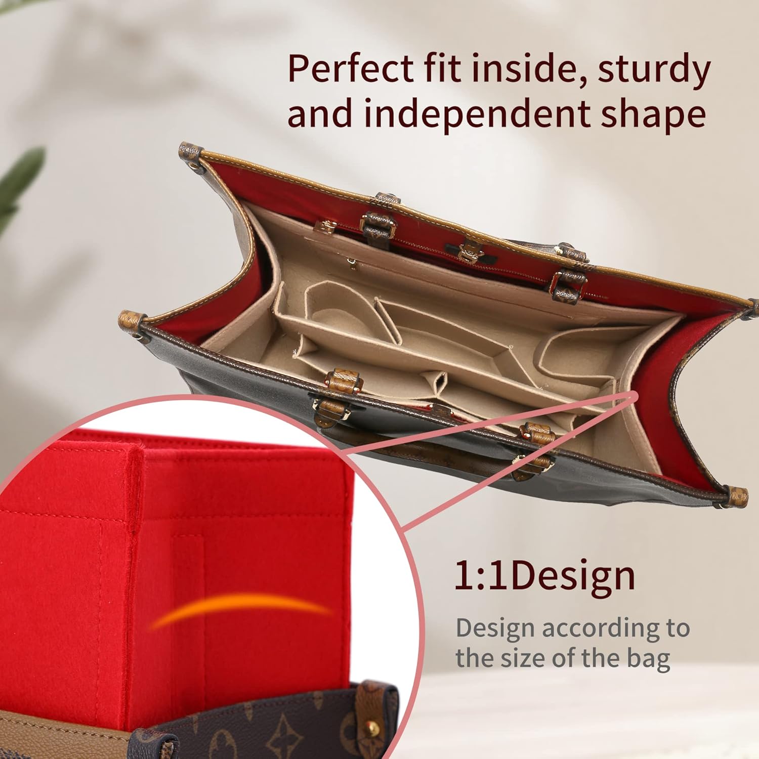 Bag Organizer Insert,Tote Bag Insert For On The Go GM, Handbag Inner Organizer,Handbag Storage,Tote Bags Felt Liner with Zipper (Beige,XL) - Image 3