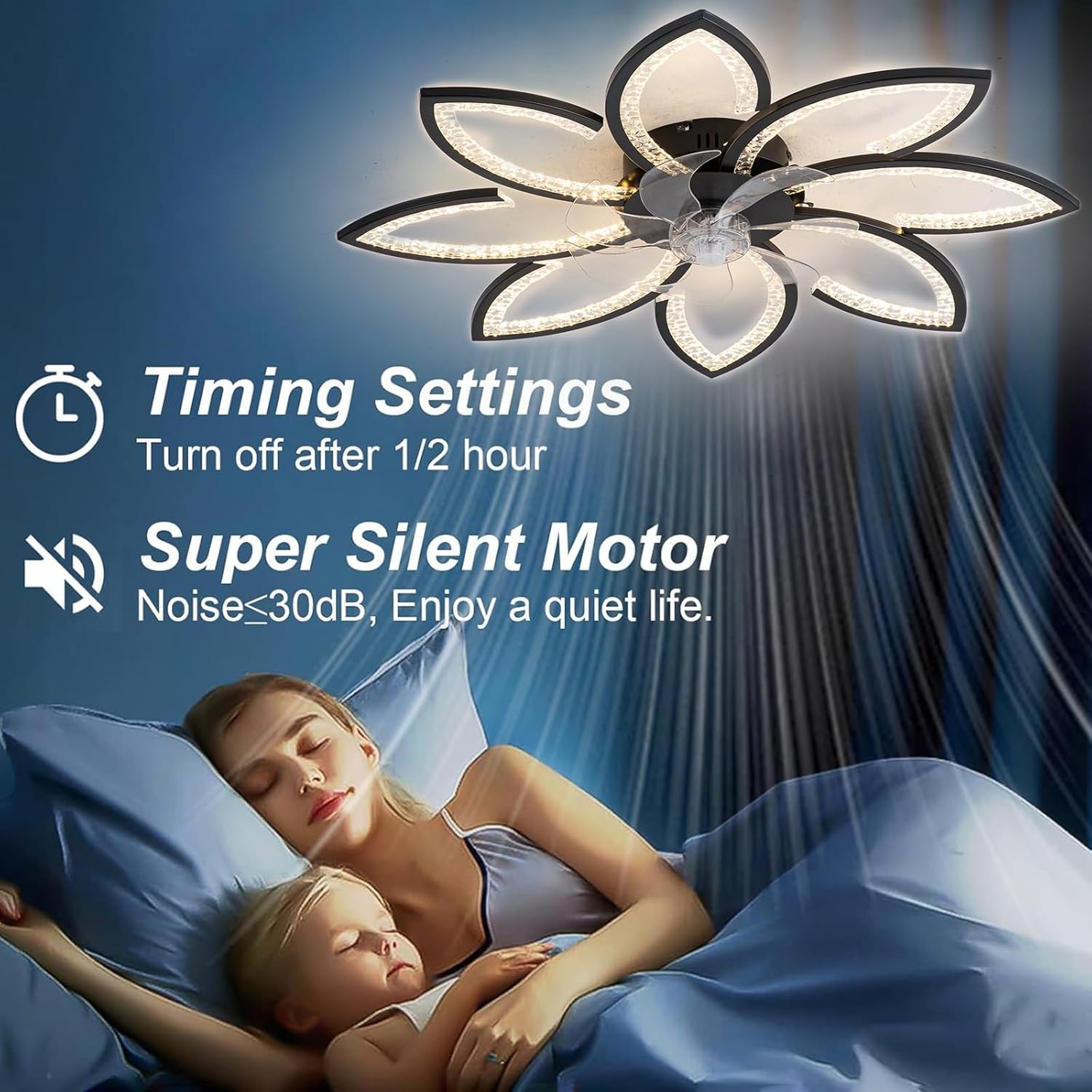 35 Inch LED Ceiling Fan Light, Dimmable with Remote Control, Modern Flush Mount Fan Light for Bedroom, Kitchen & Indoor Spaces Boack