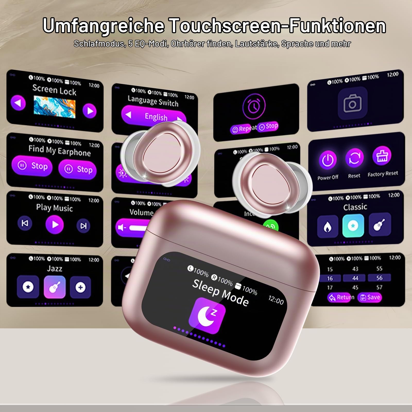 ZYHKON Bluetooth Kopfhörer, Bluetooth 5.4 Schlafkopfhörer In Ear mit Touchscreen, 48H Spielzeit Mini Kopfhörer mit HiFi Sound/5 EQ-Modi/ENC Noise Cancelling, Wireless Ohrhörer für Seitenschläfer Rosa | Mini Flaches Design, HiFi Sound, 5 EQ-Modi, ENC Noise