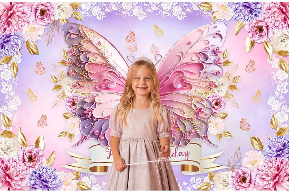 Butterfly Birthday Backdrop Banner for Girls Women Purple Butterfly Birthday Party Decorations Backdrop Pink Purple Flowers Party Photography Banner Supplies 5.9x3.6Ft image 4