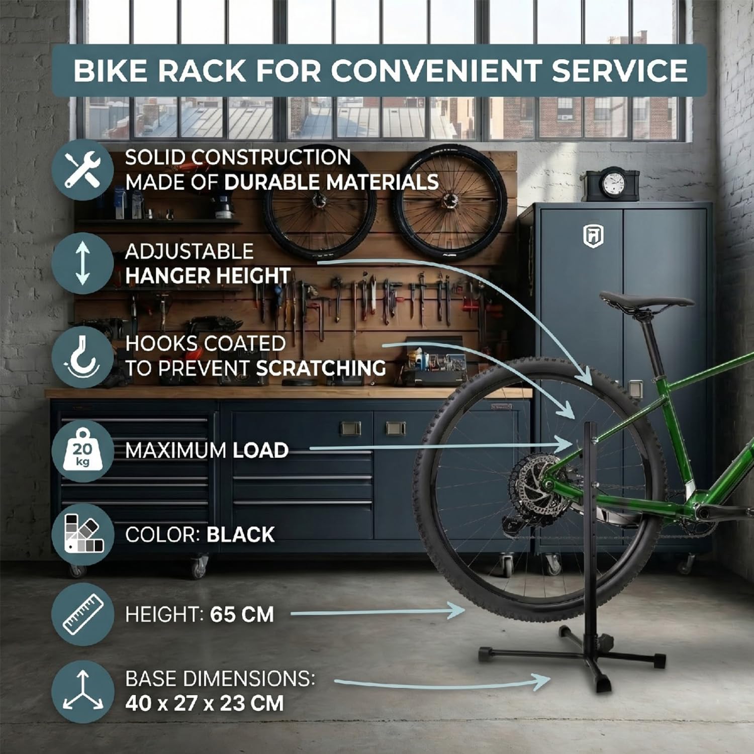 Maclean MC-434 Maniglia di servizio per bicicletta Supporto Servizio in acciaio 20 kg Compatibile biciclette MTB ruote da 27,5 Pollici nero Cavaletto Manutenzione