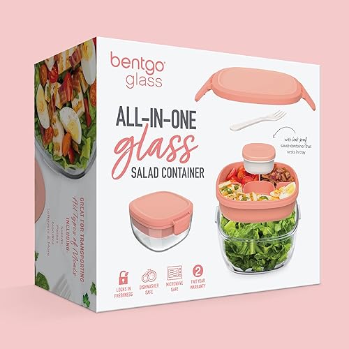 Miniatura 7 de Bentgo Recipiente de ensalada de vidrio todo en uno, ensaladera grande de 61 onzas con tapa, bandeja estilo bento, recipiente de salsa de 3 onzas y