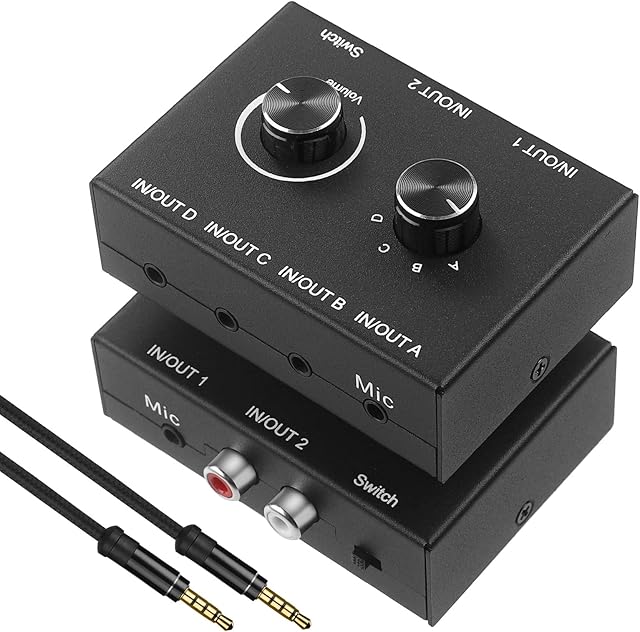 UNSTINCER RCA L/R 3.5mm Audio Switcher Support Mic Voice, 4(2)-in-2(4)-out AUX Channel Switch, Noiseless Stereo Speaker Selector for PC Laptop Headphone Game MP3/4, Splitter Box with Volume Control