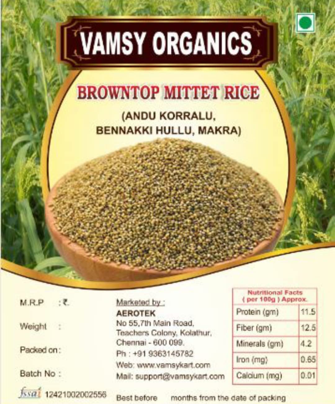 VAMSY ORGANICS Unpolished Brown top millet 4KG (Chotti Kangni / Andu Korralu / Korale) Native
