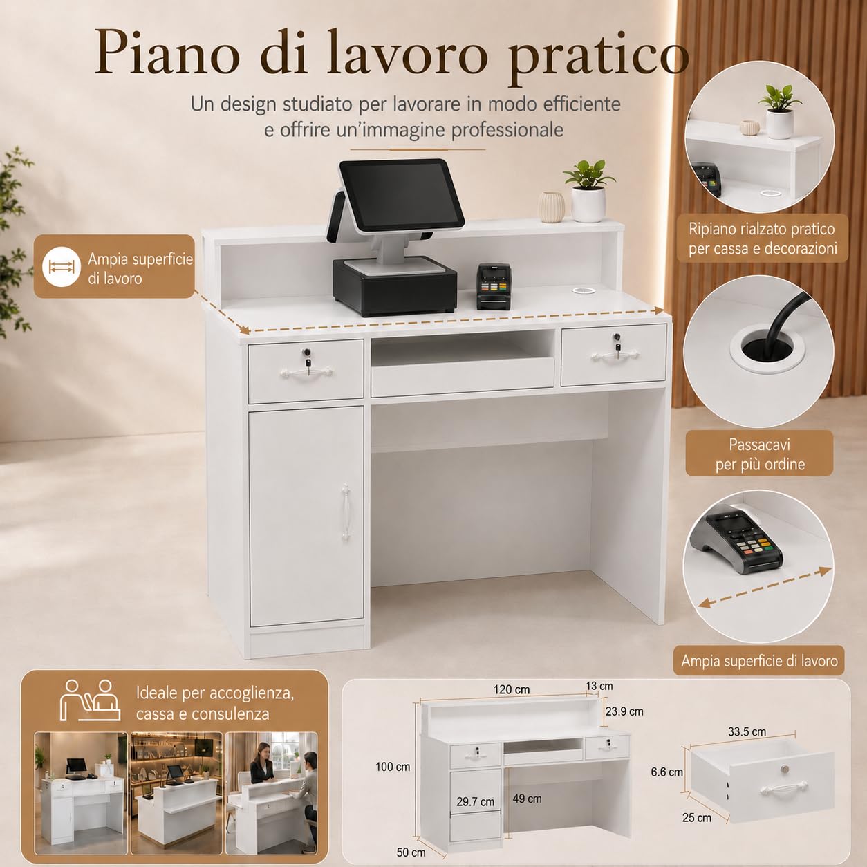 Banco di reception, banco di reception, banco di vendita, sala reception, sala di accoglienza, bancone da ufficio, con grande superficie di lavoro, bianco, legno, 100 cm x 120 cm x 50 cm