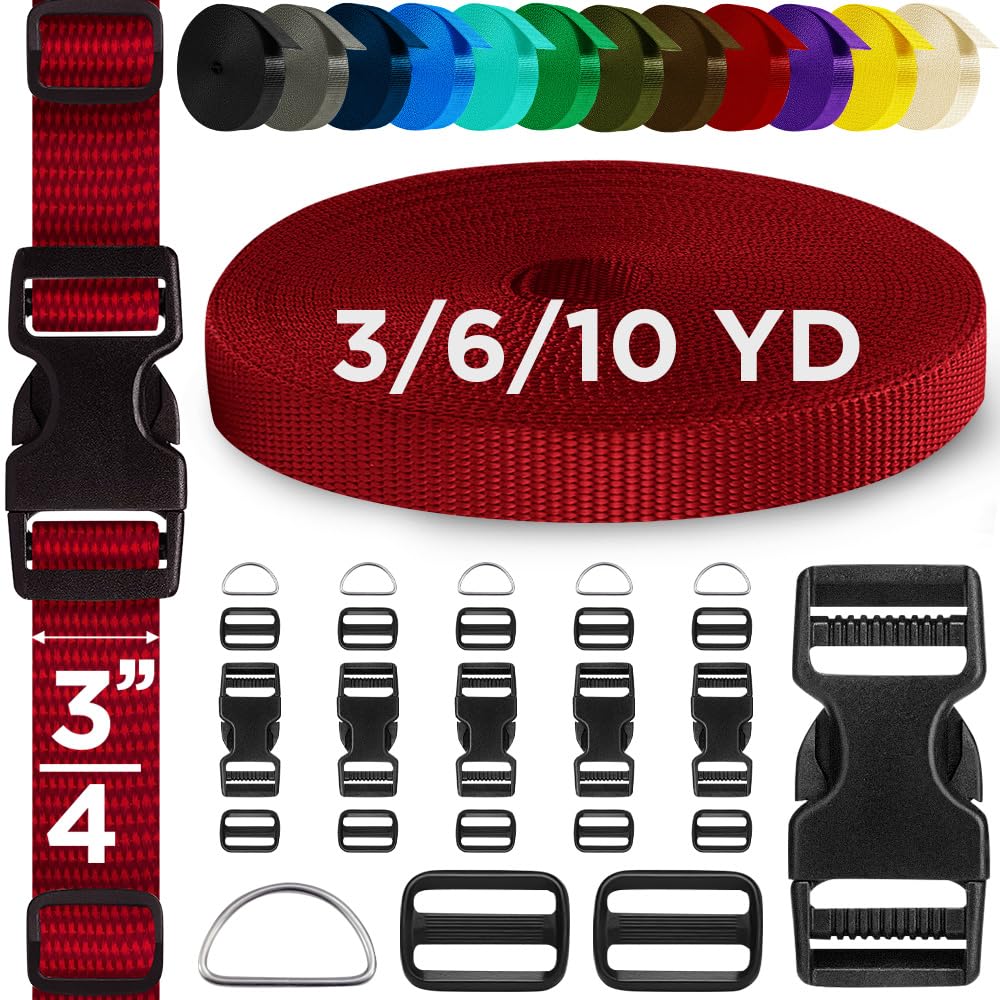 TECEUM Buckles & Strap Kit – 3/4" Red Nylon Webbing 6 (yd) – 6 Heavy Duty Adjustable Plastic Buckles – 12 Tri-Glide Slide Clips – 6 Metal D-Ring –