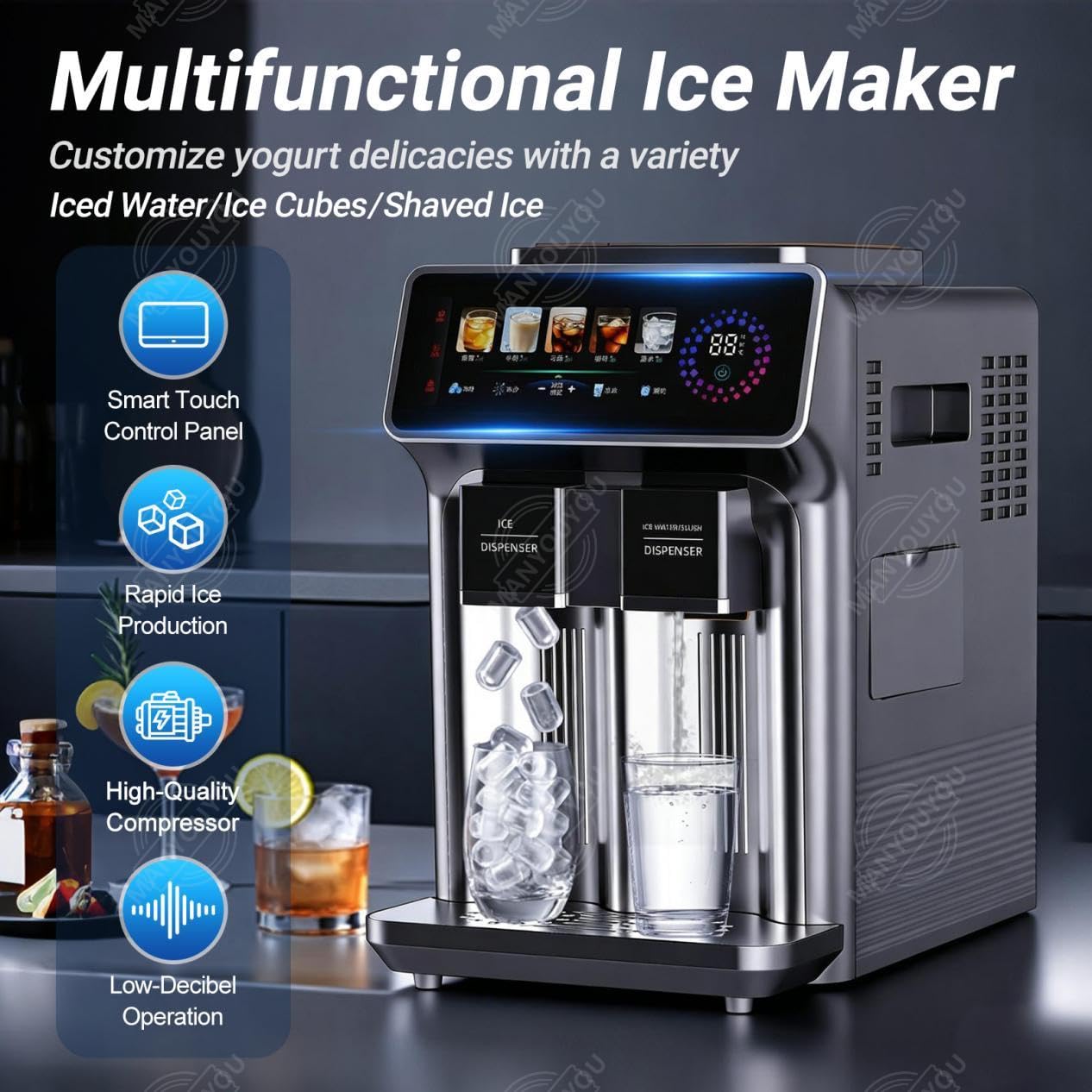 Macchina per Il Ghiaccio 3-in-1: Cubetti, Ghiaccio Tritato E Acqua Ghiacciata a 5°c; Produce Cubetti a Proiettile (15 Kg/24 Ore, 12 Cubetti in 9 Minuti), Prepara Uno Smoothie in 30 Secondi White