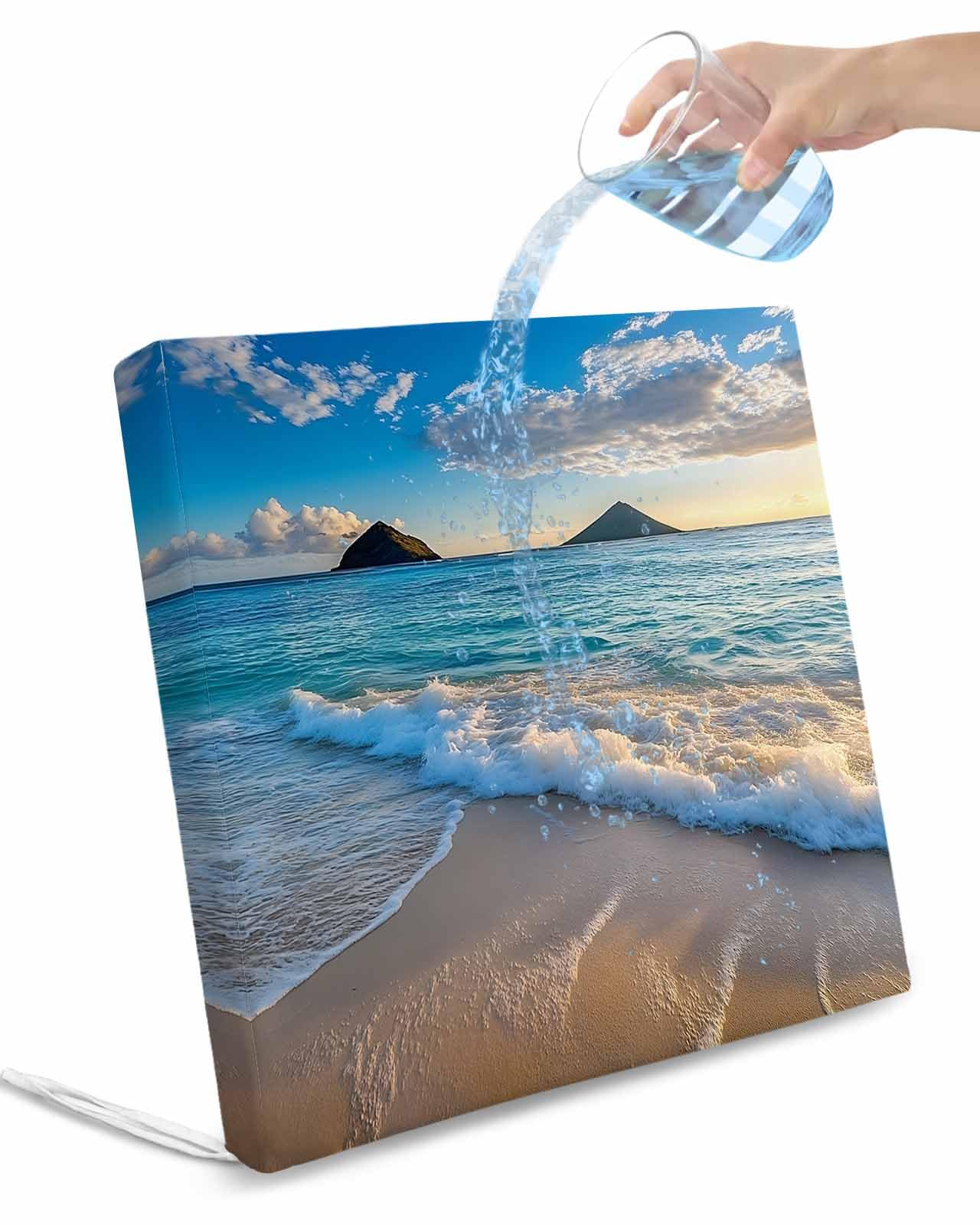 2 Pack Ocean Waterproof Cushion Covers with Ties, Outdoor Patio Chaise Lounge Chair Seat Cushion Slip Covers Replacement(Only Cover) Blue Sky Mountain Sandy Beach Sea Scenery 22