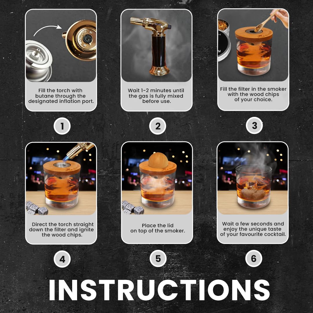 Kit De Fumoir à L'ancienne, Kit De Fumoir à Whisky Bourbon Avec 4 Copeaux De Bois Aromatisés, Torche (sans Butane), Kit De Bar à Cocktail Fumé, Cadeau Pour Les Amateurs De Whisky