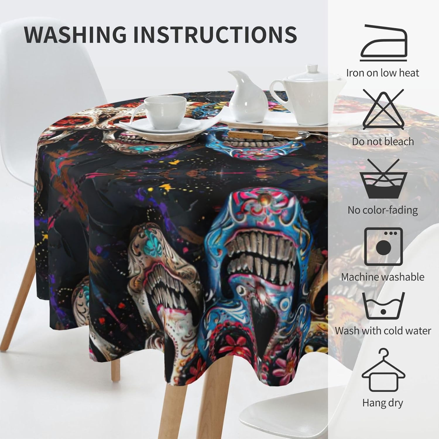 Sugar Skulls Print Wrinkle Free Dining Table Cover for Birthday Party Farmhouse Tablecloths Up to 60 x 60 Inches