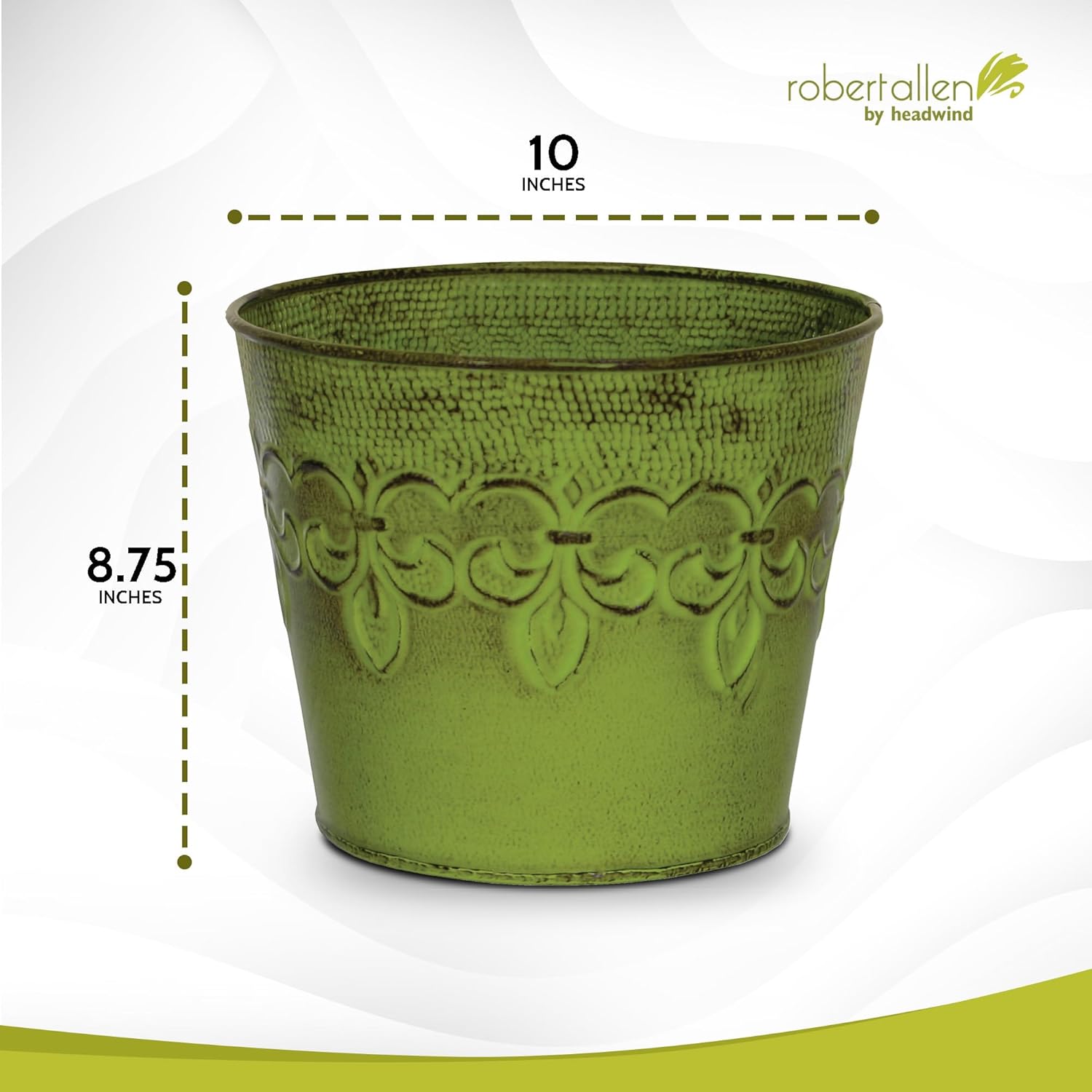 Headwind Fleur‑de‑Lis Collection – 10" Tansy Green Decorative Embossed Plant Pots with Classic French Pattern with Drainage – Lightweight, Durable Indoor & Outdoor Flower Pots Use by Robert Allen