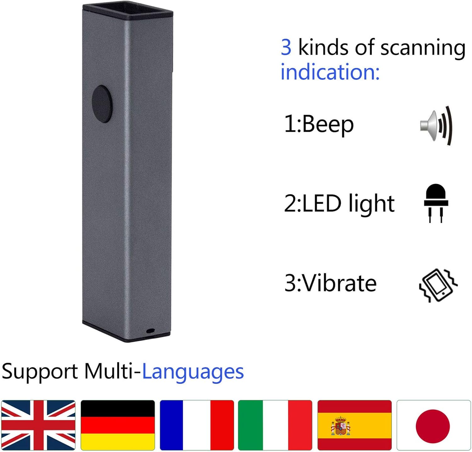 Diagram showing three scanning indication methods: beep, LED light, and vibrate