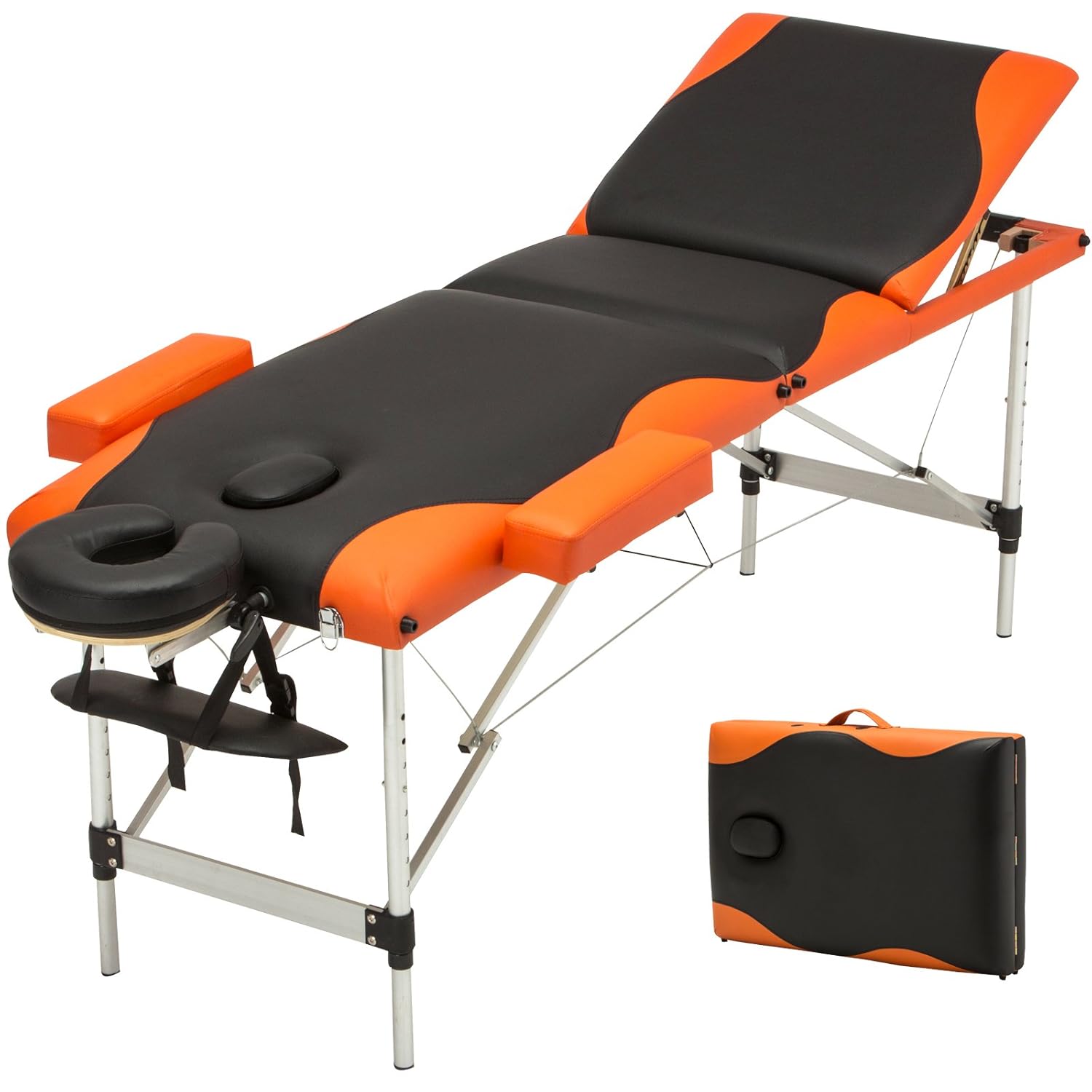 Folding Massage Table 84'' Professional Massage Bed Aluminum Frame, 3 Fold Black Bed with Orange Edge