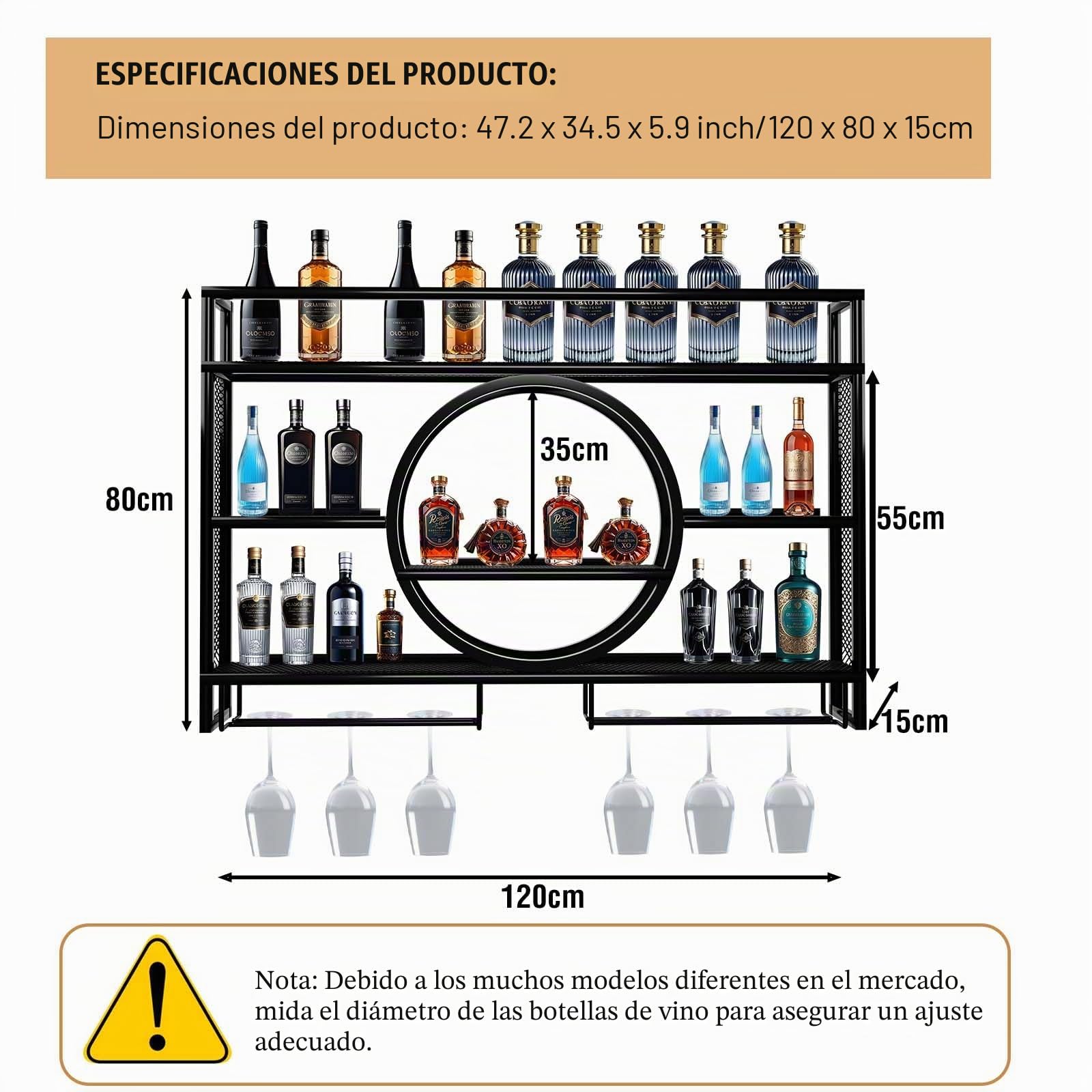 Genérico Estante de Vino Colgado Moderno Circular de Metal con Luz LED, Soporte para Botellas 3 Niveles para Cocina, Comedor, Bar y Decoración Hogar (Black, 120CM)