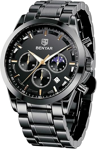 BENYAR Men's Watch Waterproof Chronograph Luminous Classic Watches Leather Strap Large Dial Date Analogue and Anti-Scratch Elegant Gift Black Black