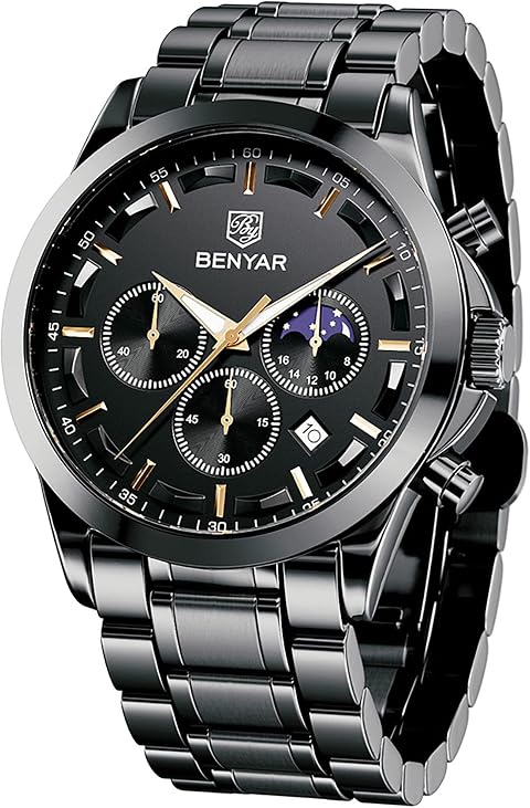 BENYAR BY Orologi da uomo multifunzione cronografo orologio al quarzo per uomo acciaio inossidabile/cinturino in pelle analogico orologio da polso regalo casual business Moda