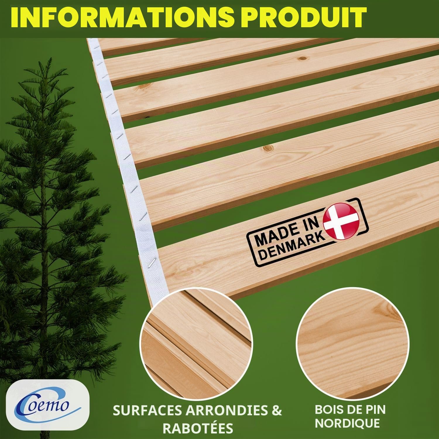 Coemo Sommier déroulable 90 x 200 cm – 21 Lattes – Sommier à Lattes Extra Solide en Bois Massif – Charge maximale : 250 kg – Sommier à Lattes déroulables pour lit Simple ou Double