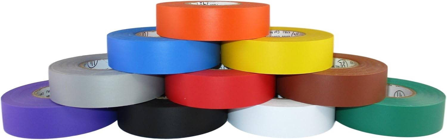 Exclusive TradeGear Electrical Tape Assorted Matte Rainbow Colors – 10 Pk Waterproof, Flame Retardant, Strong Rubber Based Adhesive, UL Listed – Rated for Max. 600V and 80oC Use –Measures 60’ x 3/4 x 0.07