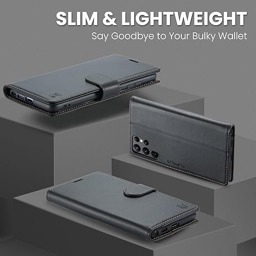 Miniatura 6 de Funda tipo cartera para Samsung Galaxy S22 Ultra con bloqueo RFID, soporte para tarjeta de crédito, de piel sintética, función atril, funda