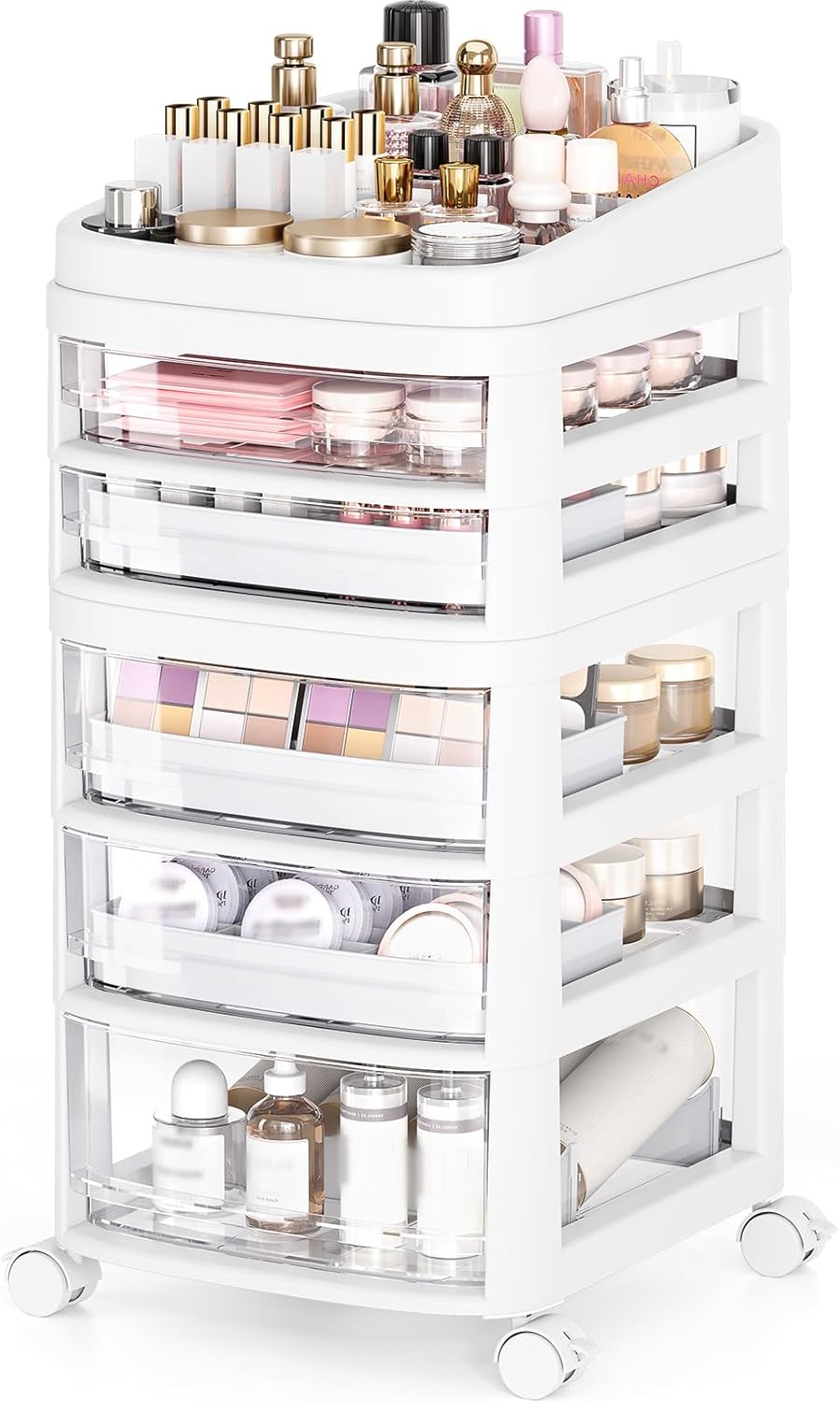 Rolling Cart with 5 Drawers, Clear Plastic Drawer Organizers, Dust Proof Under Desk Storage for Makeup, Skincare, Art Crafts and Baby Items, Acrylic Cosmetic Organizer with Dividers, Vanity Cart