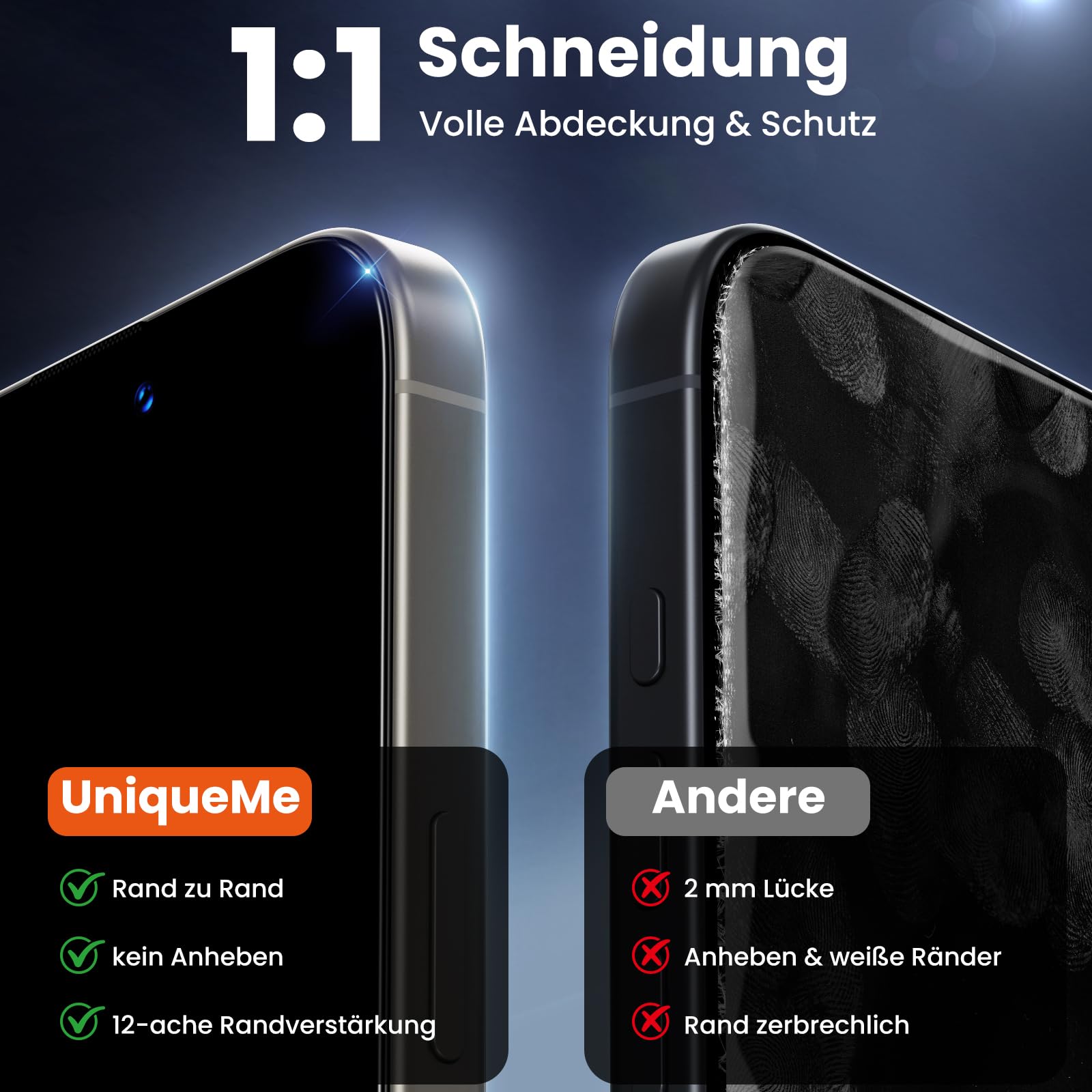 UniqueMe für Panzerglas Sichtschutz für iPhone 15 Pro - 2 Stück