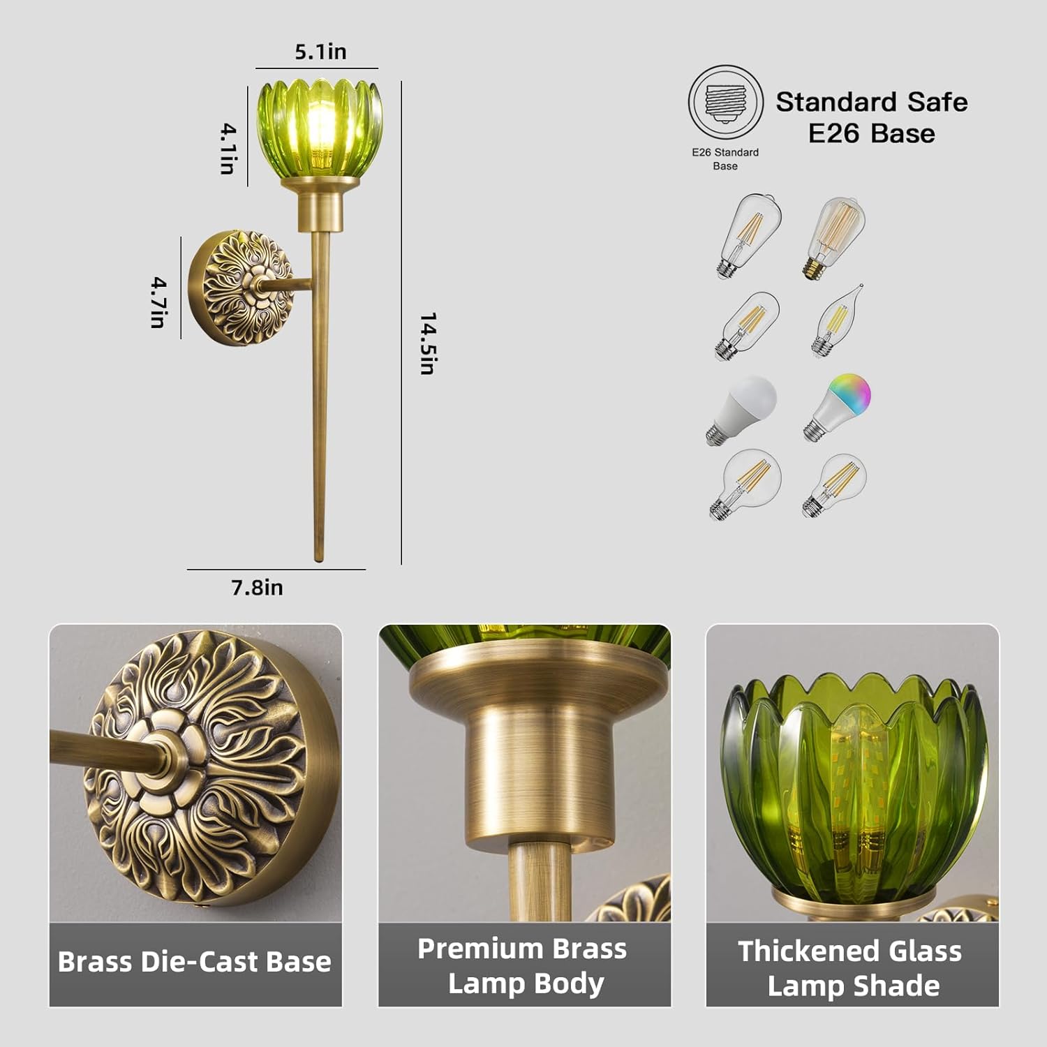 Brass Indoor Hardwired Wall Sconces - Linear Modern Design, Glass Shade E26 Base, Set of 2 for Living Room, Hallway & Vanity