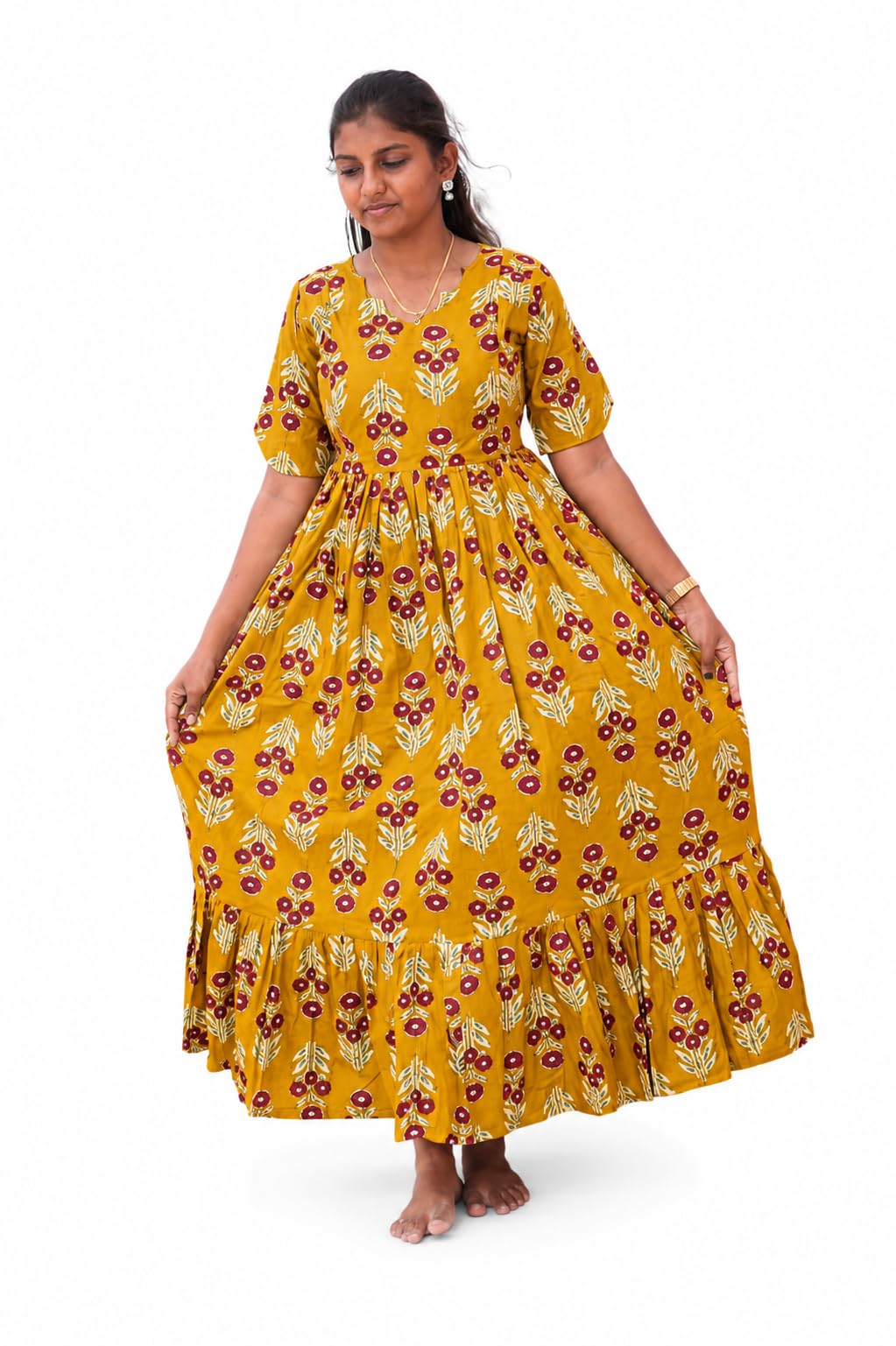 Women Mustard Yellow Floral Printed Pure Cotton Feeding Maternity Maxi Dress with Hidden Zip, Half Sleeve, Full Length-image-46