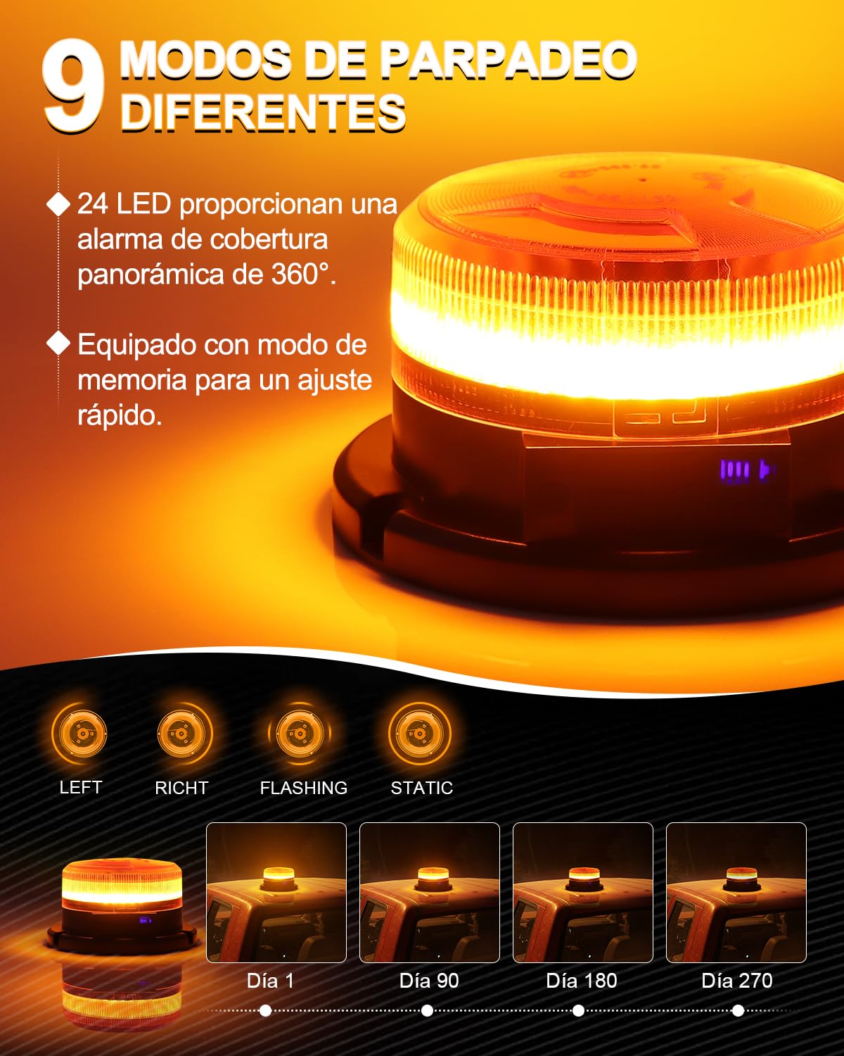 Dinfu Rotativo LED con batería y pantalla de 9 modos de parpadeo Luz intermitente LED 12V Imán naranja Luz de señalización con cargador para coche y cable USB para coches, camiones, tractores, SUV