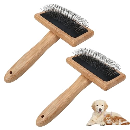 Cepillo más pulido para perros, 2 cardadores de lana de madera con aguja curvada de 135°