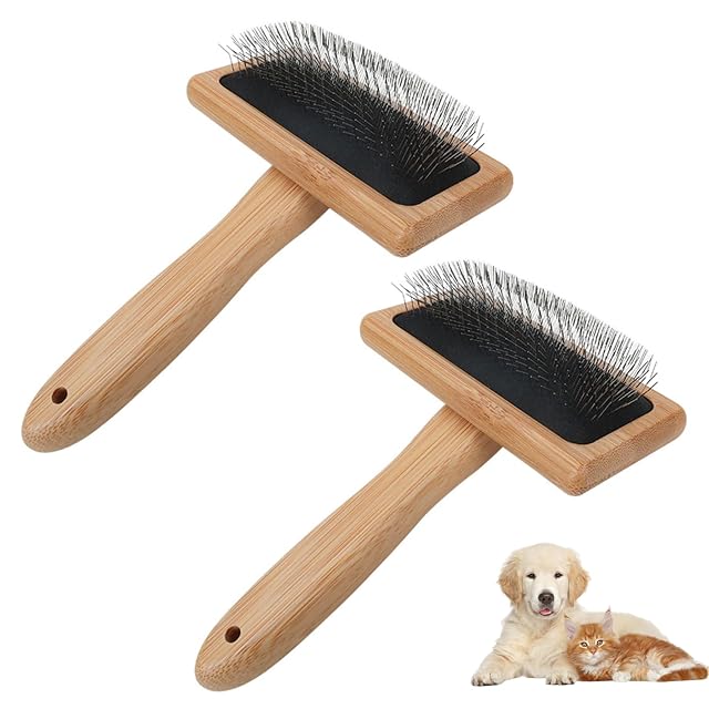 Cepillo más pulido para perros, 2 cardadores de lana de madera con aguja curvada de 135°