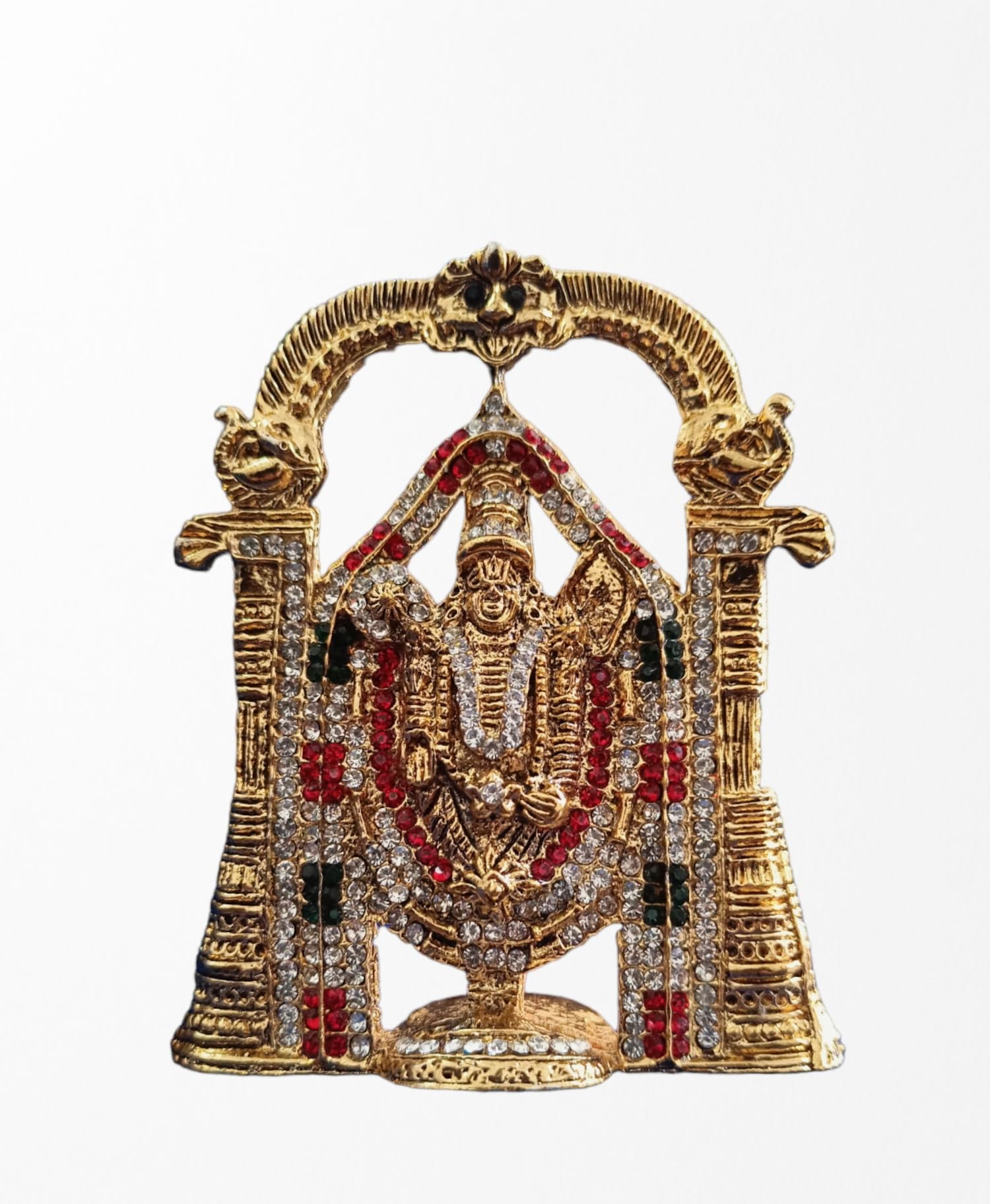Golden Stone Studded Tirupati Balaji with Sudarshan Chakra and shankh Idol for Car Dashboard - 4 '' inch
