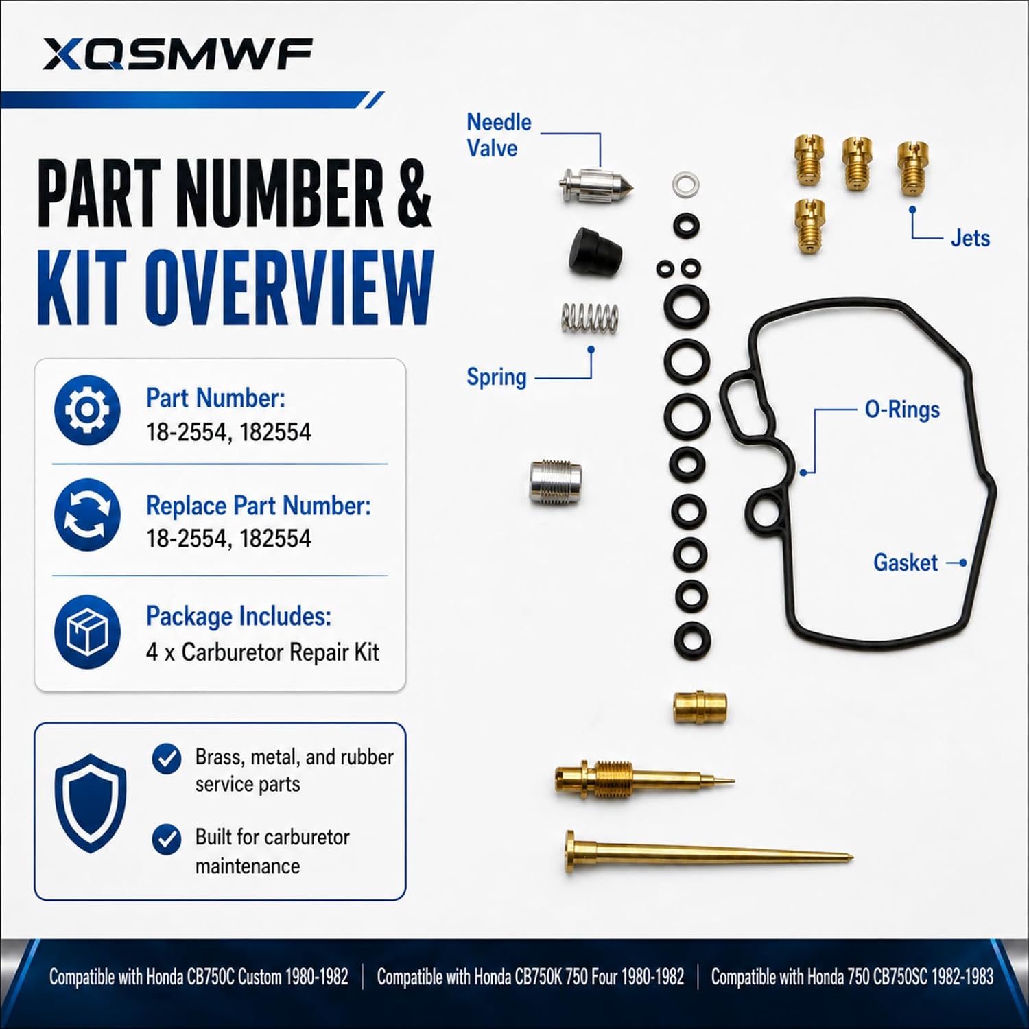 XQSMWF 4 Set Carb Carburetor Repair Rebuild Kit Compatible with Honda CB750C Custom 1980-1982 CB750K 750 Four 1980-1982 750 CB750SC 1982-1983#18-2554 182554 Carb Repair Float Valve Gasket Kit