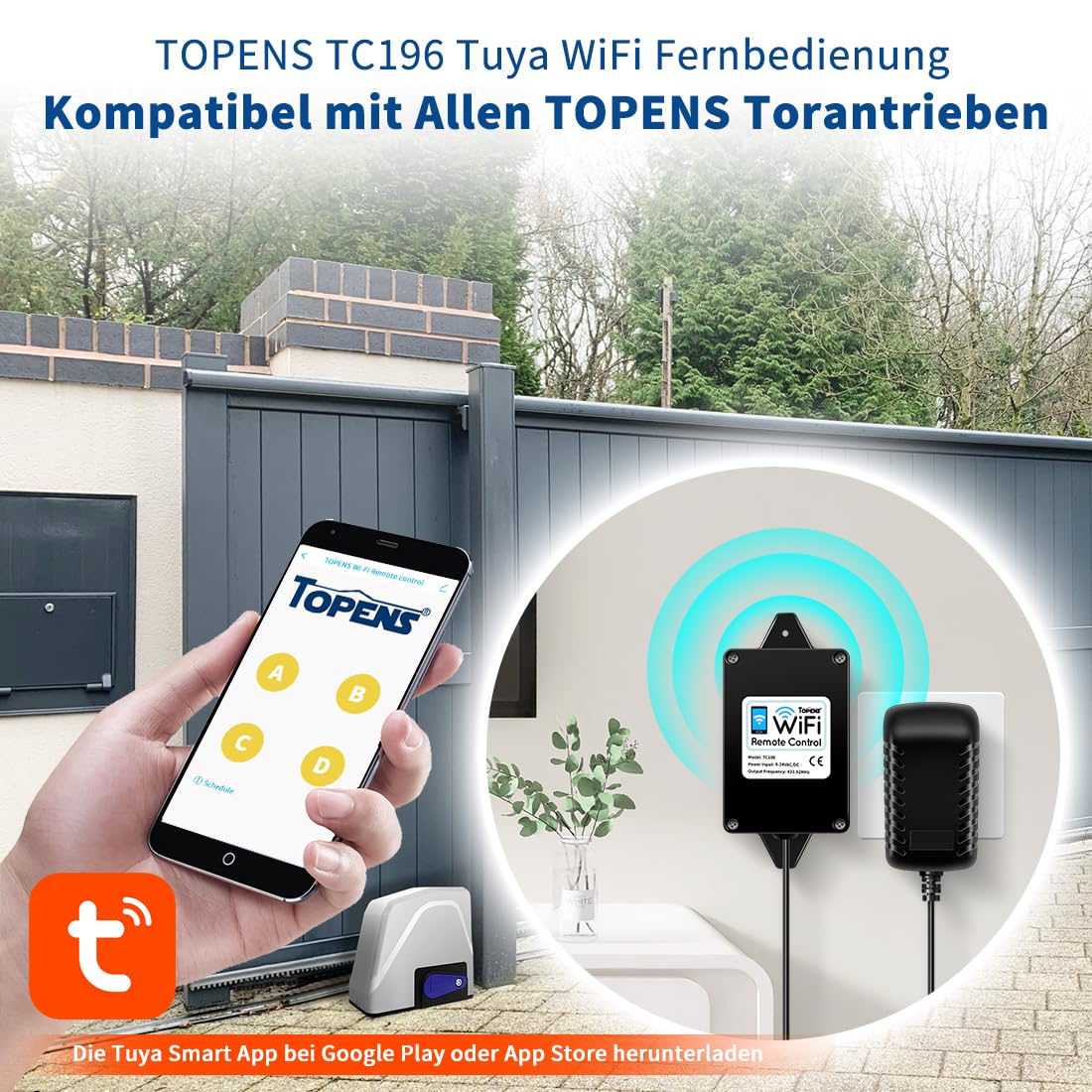 TOPENS TC196 Tuya WiFi Fernbedienung mit Smartphone Zugangskontrolle für automatische Drehtorantrieb Garagentorantrieb Schiebetorantrieb mit iOS & Android App WiFi & Bluetooth Torsteurung Sicherheit
