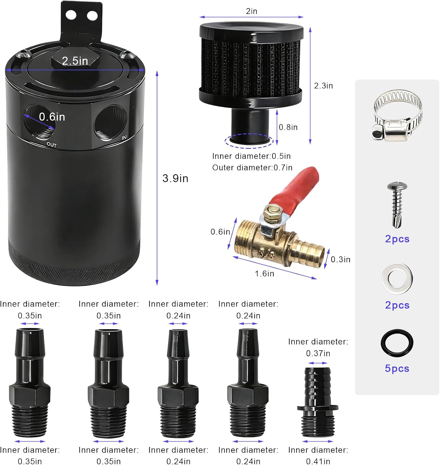 Oil Catch Can Kit, 2 Port Baffled Air Oil Separator Tank Kit with Breather Filter & Drain Valve, Universal 300ML Aluminum Automotive Engine Catch Can, Car Accessories