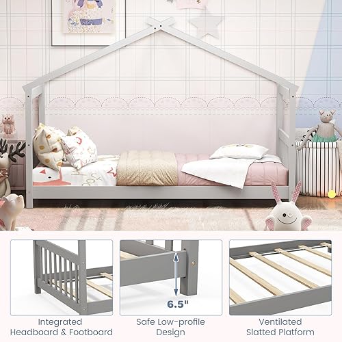 Miniatura 5 de KOMFOTT Cama individual de madera para niños, marco de cama de piso de perfil bajo con techo, cabecero y estribo, cama de tienda para niños
