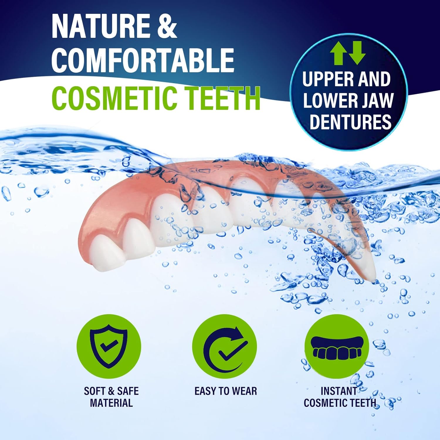 Fake Teeth, 2 Pack Cosmetic Teeth, Comfort Upper and Lower jaw Denture, Veneer Cosmetic Teeth, Natural Shade,Arrives Flat, Fix Confident Smile : Beauty & Personal Care