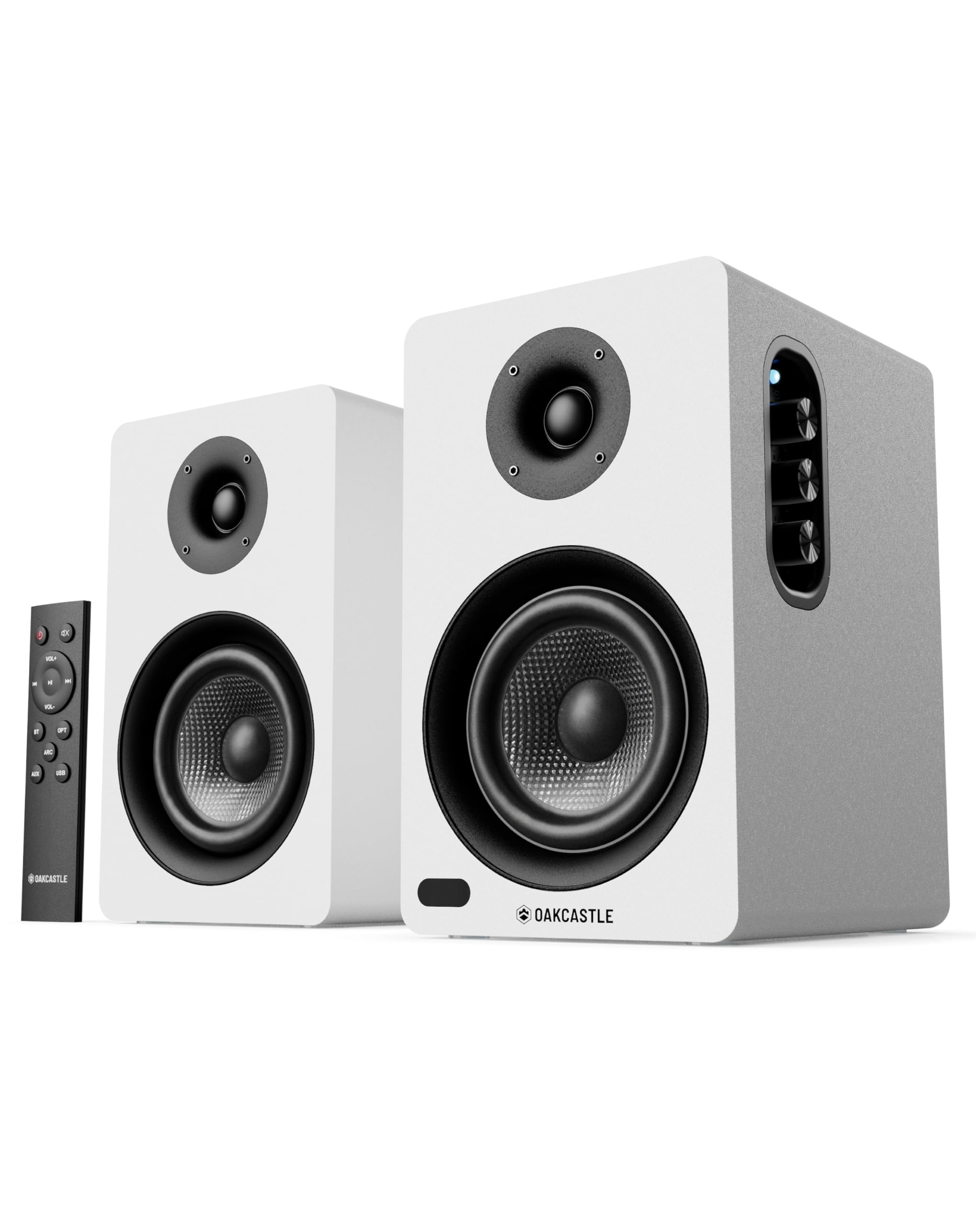 Oakcastle BK100 Active (White) Bookshelf Speakers | 2.0 Stereo System | 60W Output | Bluetooth 5.4, USB Playback | AUX, HDMI ARC & Optical | Gaming Speakers for PC Desktop